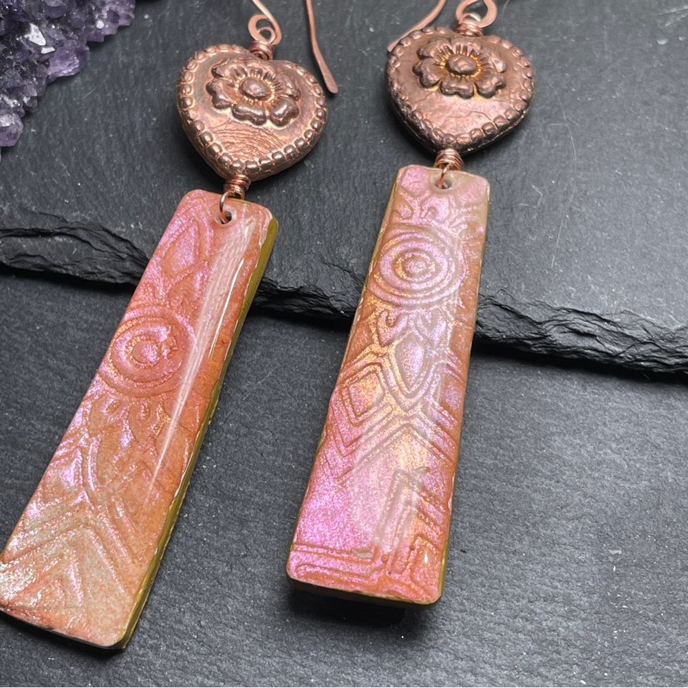 Hand Crafted Elegant Copper and Pink Dangle Embossed Clay Earrings